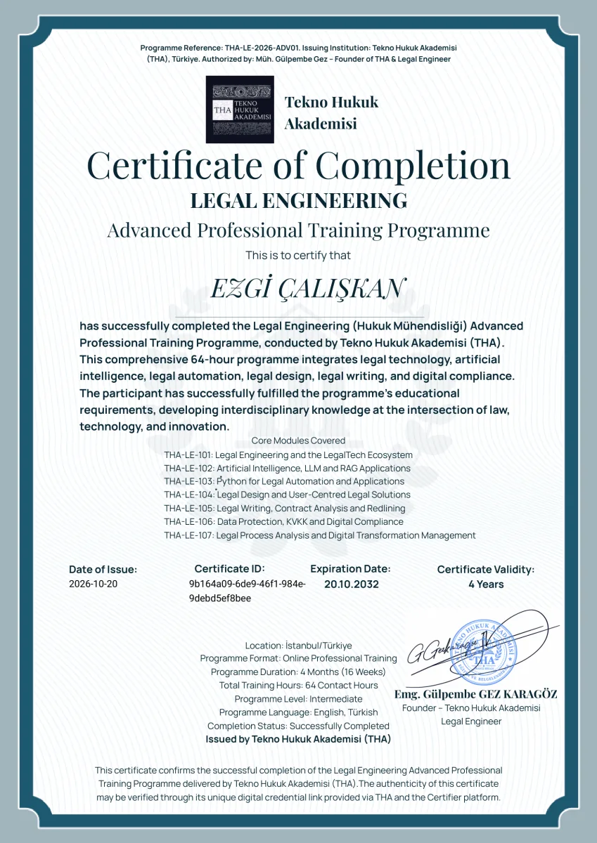 Tekno Hukuk Akademisi Legal Engineering programme completion certificate
