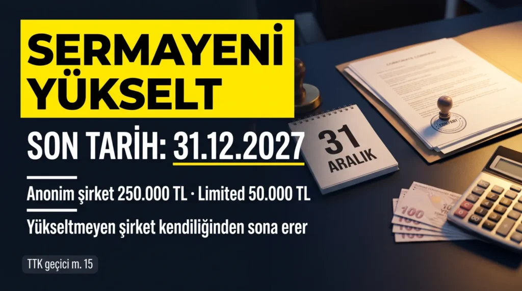 Sermayeni yükselt: asgari sermaye artırımı için son tarih 31.12.2027; masada şirket evrakı, mühür, takvim ve hesap makinesi