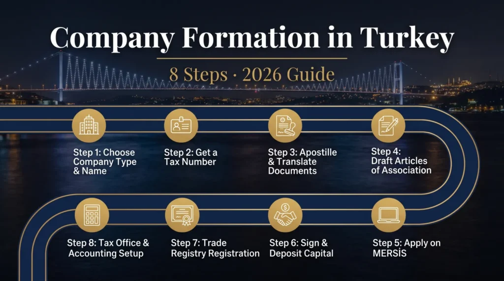 Company formation in Turkey: 8-step roadmap from choosing the company type to tax office setup, over the Bosphorus Bridge at night