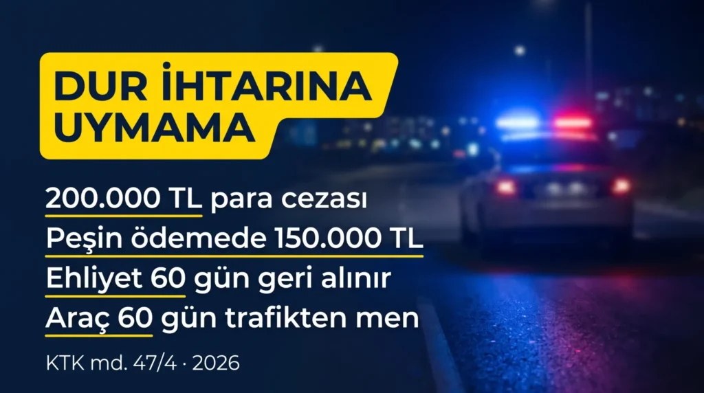 Dur ihtarına uymama cezası 2026: 200.000 TL para cezası, peşin ödemede 150.000 TL, ehliyet 60 gün geri alınır, araç 60 gün trafikten men (KTK md. 47/4)