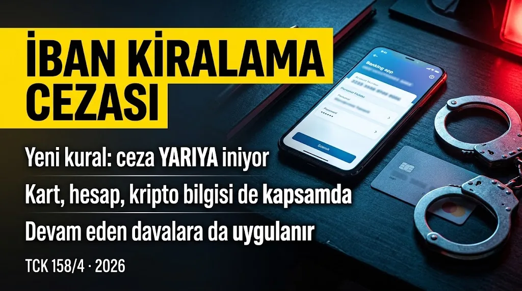IBAN kiralama cezası: yeni TCK 158/4 ile ceza yarıya iniyor; masada bankacılık uygulaması açık telefon, banka kartı ve kelepçe